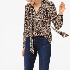 Long-sleeve leopard drapey tie-neck top